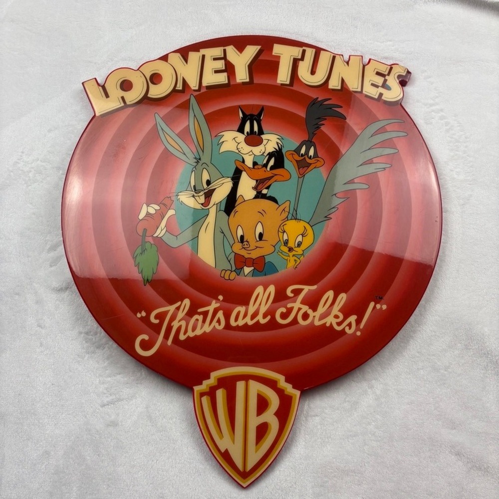 Vtg Looney Tunes Wall Art 90s Plaque That's All Folks Bugs Bunny & Cast Man Cave
